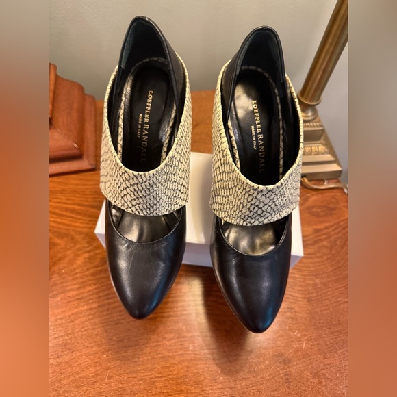 Loeffler Randall Black Leather Cream Snakeskin Colorblock 3.75”Heels Size 7 $428 - Picture 8 of 12